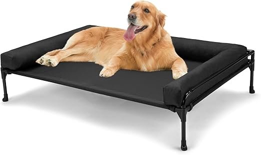 Veehoo Elevated Raised Dog Bed-Cooling Outdoor Dog Cot Bed for Large Sized Dogs Three-Sided Fence Raised Pet Cot with Mesh & No-Slip Feet Dog Hammock Bed with Removable Bolster-41 x 27" Black