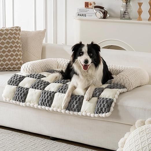 Calming Dog Bed Mats, Thick Flannel Mat for Pets Dog Pad, Washable Non-Slip Couch Protector Pet Friendly Dog Mat for Couch and Sofa(Bluegrey&White-33.45" x 30.71")